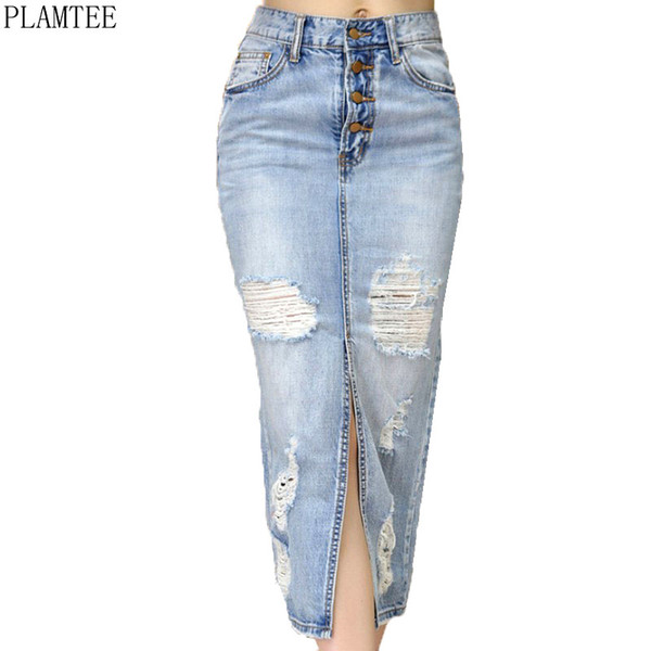 PLAMTEE Slim High Waist Pencil Skirt Holes Ripped Saia Midi Feminino Washed Color Split Jupe Denim Skirt 2017 Falda Corta Mujer