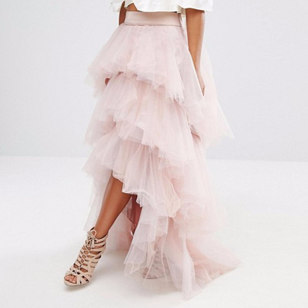 Gorgeous Light Pink Tulle Skirt Layered Tiered Puffy Women Tutu Skirts Cheap Formal Party Gowns High Low Long Skirts Custom Made