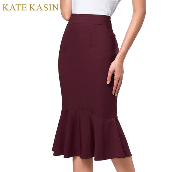 Kate Kasin Hot Sale Office Ladies Elegant Bodycon Mermaid Skirt 2017 New Woman Elastic High Waist Ruffles Trumpet Hemline Skirts