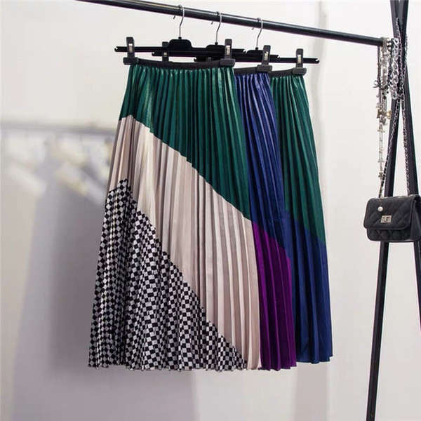 Free Ship 2019 Spring New-Coming Europen Color Matching Plaid Pleated Skirt High Street Style Mid-Calf Empire Striped Women Skirts