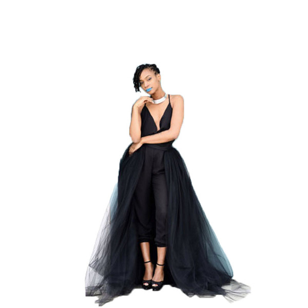 4Layers Black Overlay Skirt Fashion Long Tutu Tulle Skirt Bride Overskirt Chic Floor Length Saia Longa Detachable Wedding Skirts