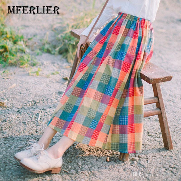 Literature Vintage Women Autumn Skirts Red Blue A Line Elastic Waist Draped Cotton Linen Plaid Skirt