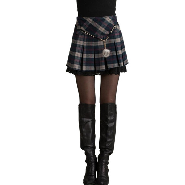 Wholesale- Winter Skirts Women Fashion Autumn Hollow Out Lace Warm Pleated Mini Short Plaid Wool Skirt