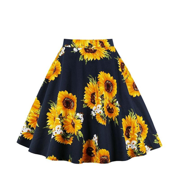 Women Sunflower Floral Skirts Printed High Waist Swing Pleated Midi Skirts Female Casual Summer Skirt