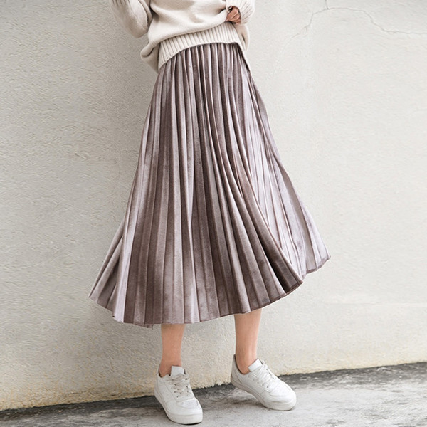 Spring 2019 Women Long Metallic Silver Maxi Pleated Skirt Midi Skirt High Waist Elascity Casual Party Skirt