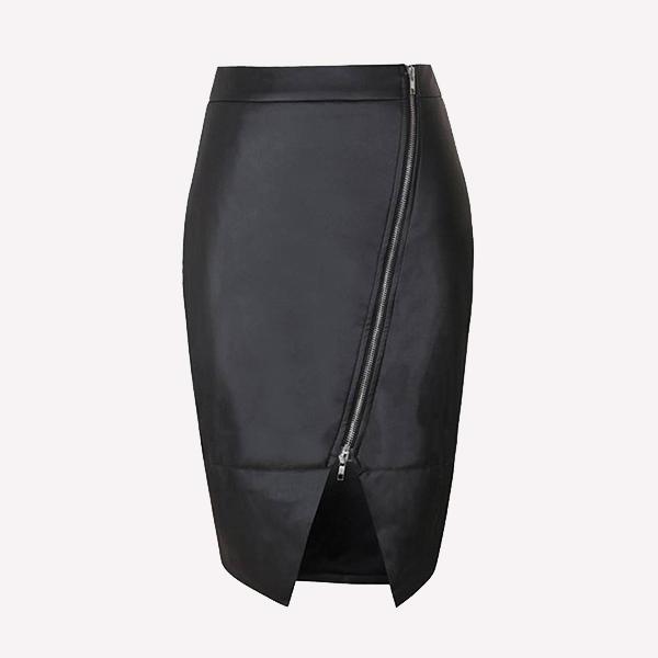 New Women Girl Black PU Leather Skirt Front Zipper Bodycon Mini Skirt Dress Slim Split Pencil Skirts Clubwear ZSJF0428