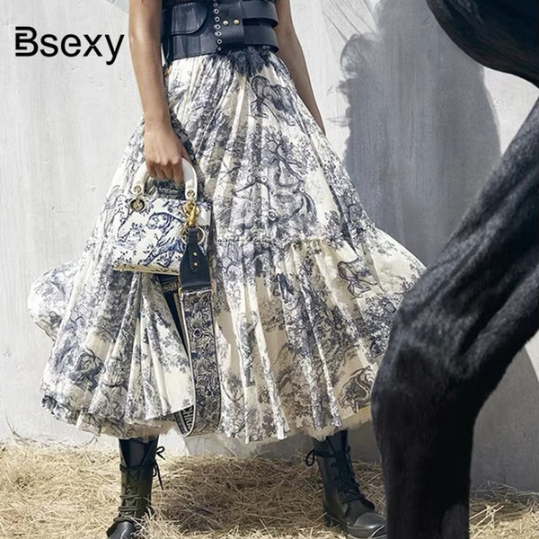 2019 Runway Women Long Skirt Luxury Animal Printing High Waist Pleated Large Pendant Skirt European Designer Party Maxi Skirt T190411