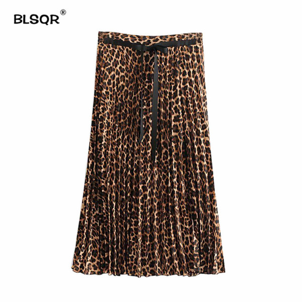 Women ins chic leopard print pleated skirt animal pattern faldas mujer Drawstring tie side split casual Mid Calf skirts