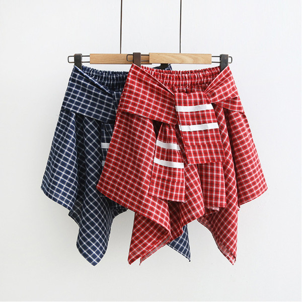 Summer Women Japan Style Small Fresh Lattice Irregular Short Skirt Stitching Cotton Fake Two-piece Fluffy Skirt H810