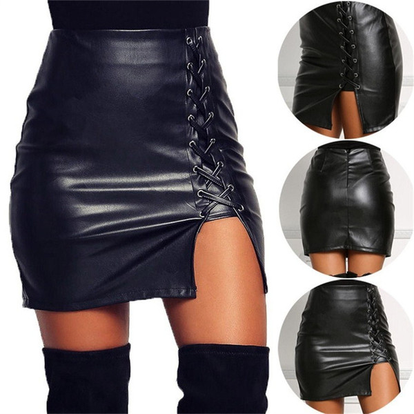 INS Sexy PU Leather Women Skirts Fashion Black Zipper Split Skirt for Lady High Waist Hip Hop Shorts Skirt for Club