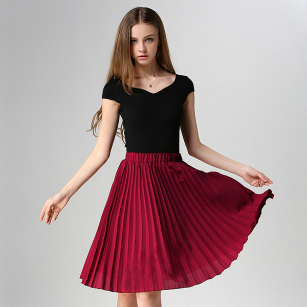 Pleated Skirt Spring/Autumn 2017 European Style Elegant Tulle Pleated Skirt Blue Chiffon Women's Vintage Pink Midi Skirt