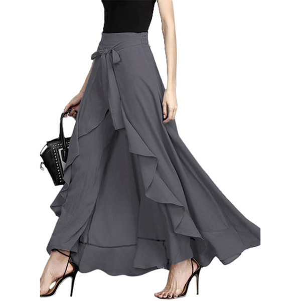 Wrap Skirts for Women 2019 New Casual Fashion Navy Chiffon Long Skirt Pants Tie-Waist Ruffle Wide Leg Loose Pants Black Grey