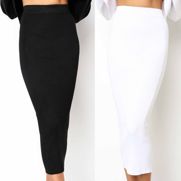 Knitted Autumn Bodycon Long Skirt Sexy Black White High Waist Tight Women Maxi Elegant Party Club Wear Pencil Skirts