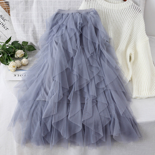 Women 2019 New Fashion Mesh Skirt High Waist Ruffled Ball Gown Skirt Layered Fairy Princess Tutu Skirt 4 Colors Elastic Skirts