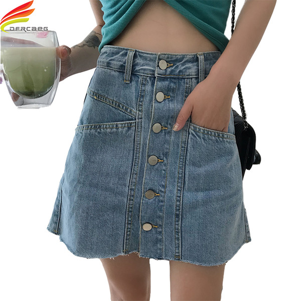 Denim Skirts Women 2018 Summer New Single Button Double Pockets Woman A Line Jeans Skirt Mini Korean Style Streetwear jupe femme