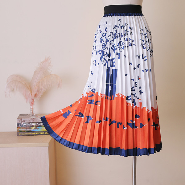 2019 Summer Trend Printed Letter Skirt Female High Waist Long Pleated Skirt