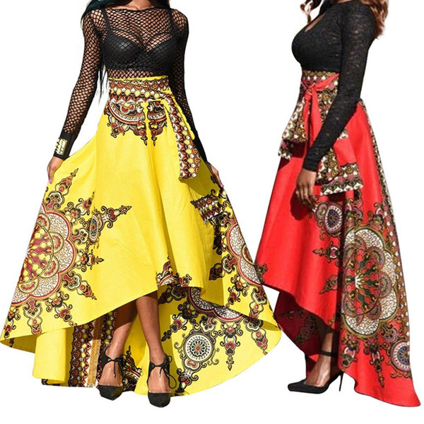 Ethnic Pattern Irregular Women Spring Summer Party Banquet Long Umbrella Skirt fashion casual hot