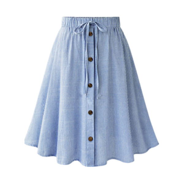 2017041602 Fashion Summer Spring Women Pleated Skirt Elastic waist Bow Buttons Blue Strip Elegant Knee Length Lady Skirt