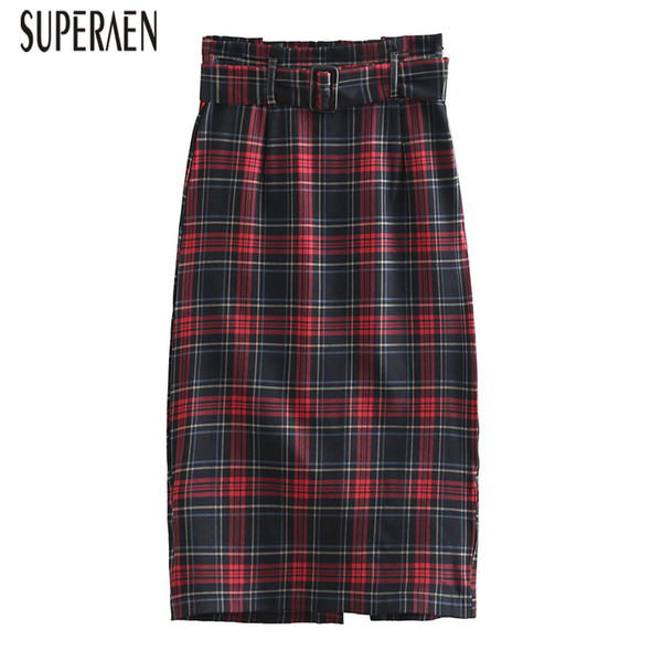 SuperAen Europe Fashion Women Skirt Spring 2019 New Cotton Wild Casual Skirt Female Plaid High Waist Skirts Women