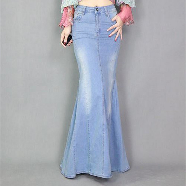 Europe Fashion Expansion Bottom Fishtail Floor Length Long Denim Skirt Women Split Maxi Mermaid Female Casual Skirts