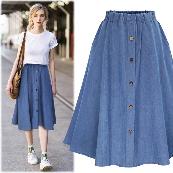 2019 brand official website big size fat sister row buckle elastic waist European and American street blue feng shui students denim skirt cl