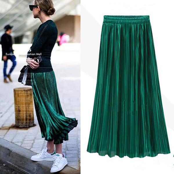 Samuume 2018 Bright Gold Sequined Stretch High Waist Pleated Novelty Metallic Color Large Swing Saia Midi Skirts Female A1601018