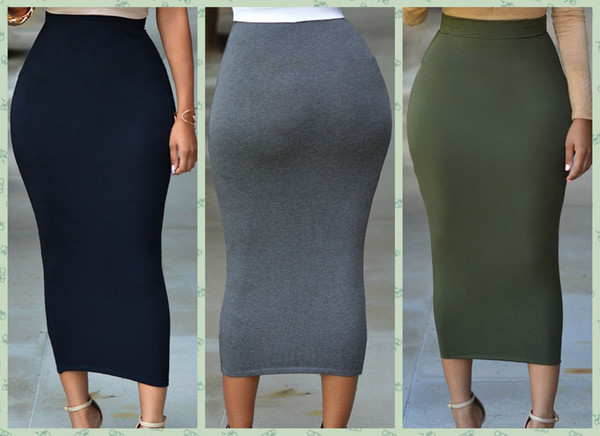 Solid Black/Grey/Green Long Cotton Maxi Skirt Women Casual Slim High Waist Bodycon Pencil Elastic Skirt Stretchy Saias Femininas Skirt 71188