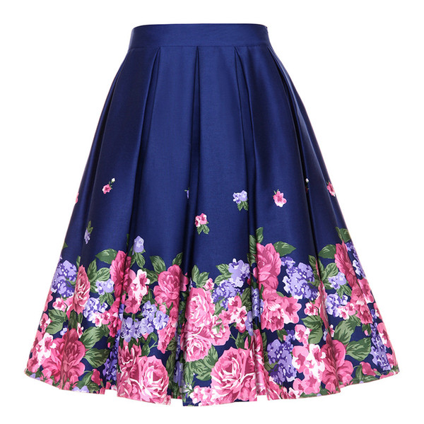 2018High Waist Plated Skirt Vintage Style Female Retro Blossom Flower Floral Print