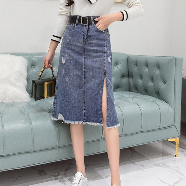 Casual Ripped Midi Jean Skirt Women Fringed Hem Side Split Skirts High Waist Denim Skirts bottoms