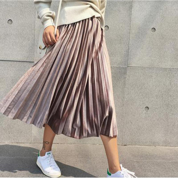 Vintage High Waist Skirts Women Pleated Skirt Metallic Korean Style Fashion Summer Skirt Casual Midi Skirt Long Saia Midi