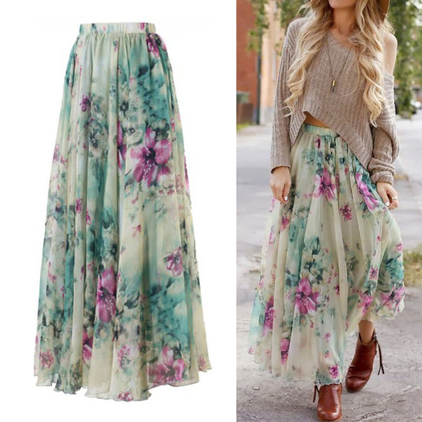 New Women's Boho Floral Long Maxi Chiffon Skirt Beach Party Sun Vintage Full Skirts