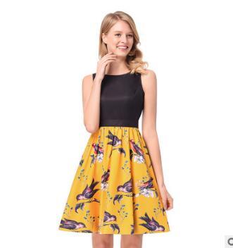 2018 new retro a word skirt high waist rose print skirtEurope and the United States women print sleeveless new dress lace waist skirt