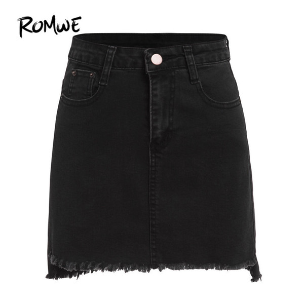 Autumn Mini Skirts Casual Skirts For Women Plain Black Raw Hem With Pockets Above Knee Denim Bodycon Skirt