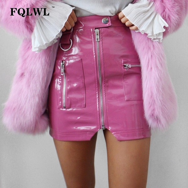 Fqlwl Pink Zipper Pocket Pvc Pu Leather Sexy Skirt Women High Waist Bodycon Shorts Mini Female Club Summer Pencil Skirts C19040901