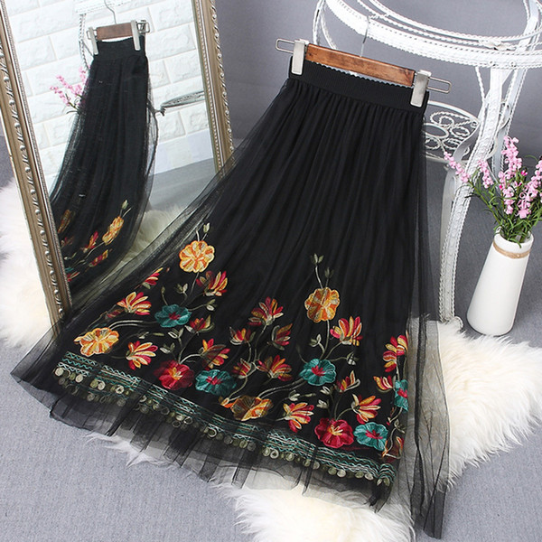 Yilin Kay Summer Elastic Waist Flower Embroidery Gauze Skirt.sexy Elegant Black White Floral Embroidered Skirts C190416