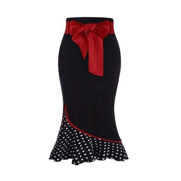 Fashion Women Polka Dot Patchwork Red Bow Mermaid Skirt Vintage Knee Length Bodycon Skirt Sheath Party Sexy