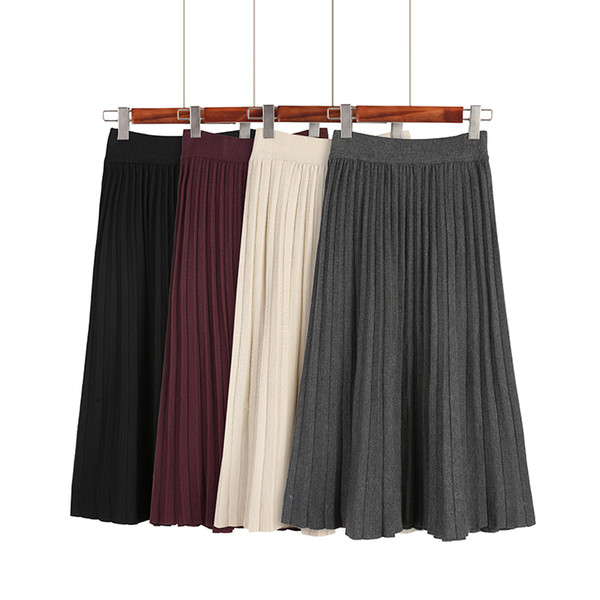 Autumn Women Elastic High Waist Knitted Gray Pleated Skirt Solid Casual Midi Skirts 2019 Winter Black Brown A Line Flared