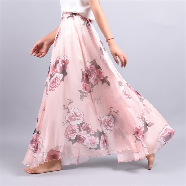 2018 Summer Chiffon Skirt Vintage Bohemia Chiffon Floral Printed Women Boho Floor-Length Long Maxi Beach Party Loose Flare Skirt