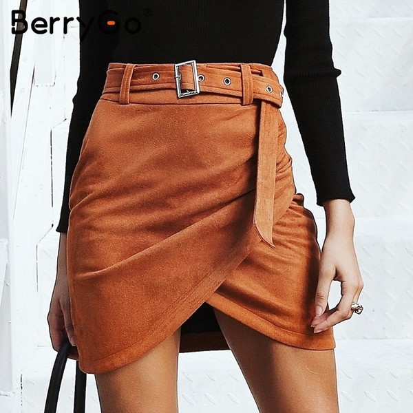 BerryGo Asymmetric suede leather women skirt High waist belt bodycon mini skirt Autumn winter female streetwear pencil