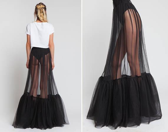 Sheer One Layer Black Maxi Skirt See Through Women Black Long Tulle Skirt with Unique Ruched Edge 2018 New Design NO LINING