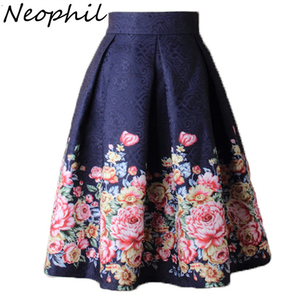 Neophil 2018 Ladies Jacquard Flower Print Pleated Ball Gown Skater Midi Skirts Womens Vintage Floral High Waist Saias S1532