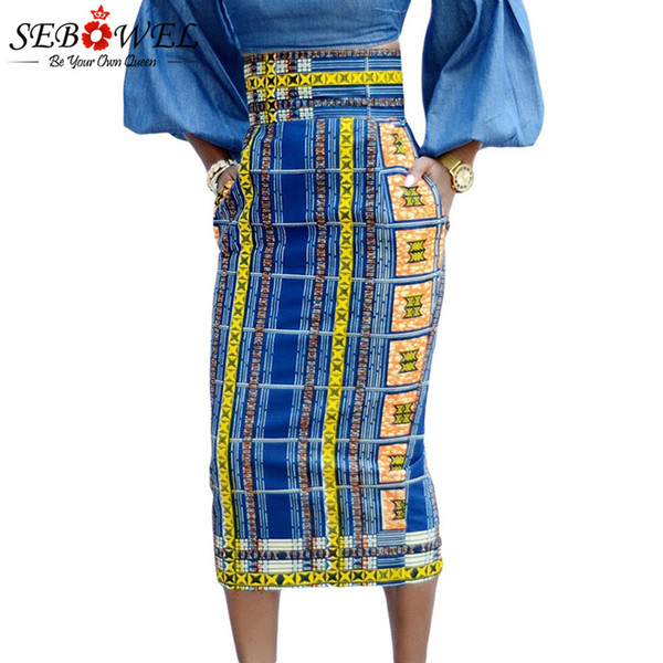 SEBOWEL Sexy Stylish African Print High Waist Bodycon Pencil Midi Skirt Women Plus size Vintage Geometric Print Midi Skirts XXL