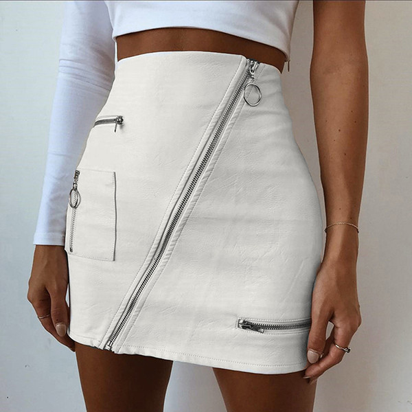 White Streewear Skirts Womens Zipper Street Style Pencil Skirt Summer 2018 High Waist Steampunk Leather Short Skirt