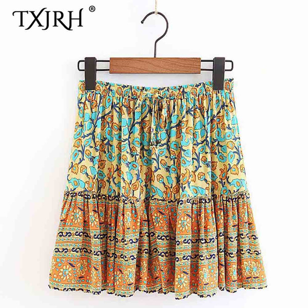 TXJRH Vintage Ethnic Orange Floral Print Bow Tied High Elastic Waist A-Line Short Skirt Spliced Ruffles Swing Pleated Mini Skirt