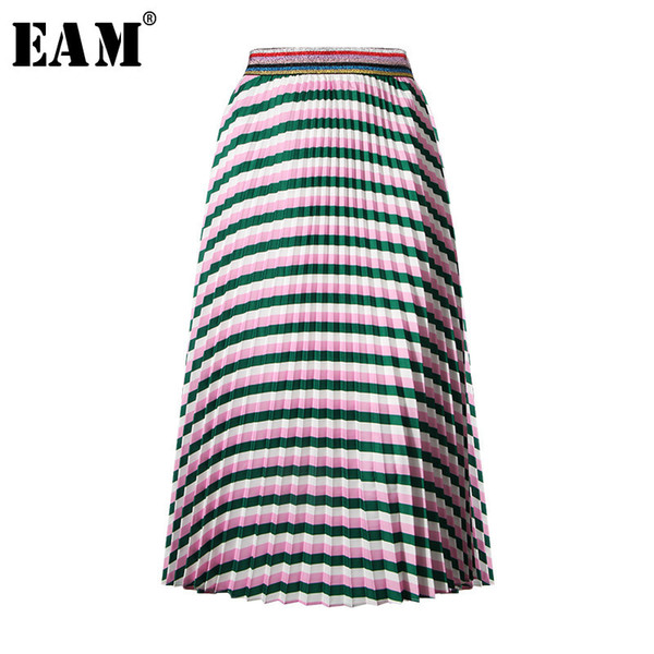 X [EAM] 2018 New Summer Women Vintage Casual Striped Panelled Patchwork Color High Waist Half-bory Pleated Skirt Fashion LA337