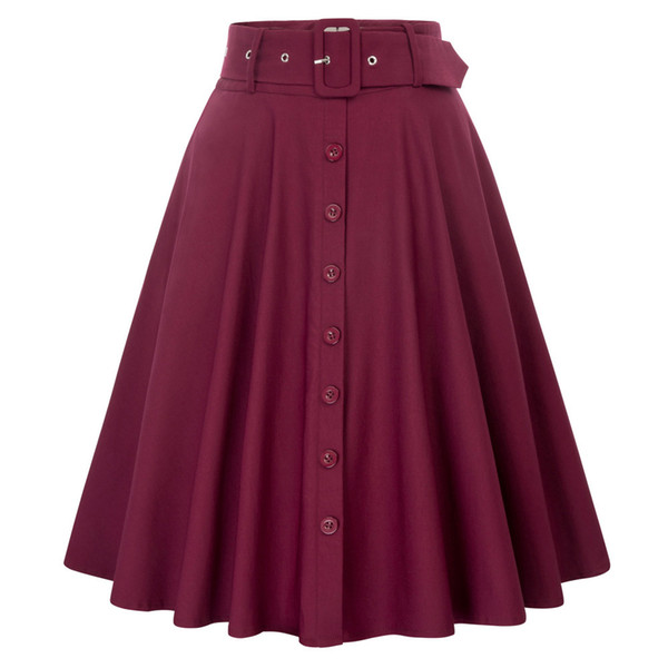 Red Lolita Big Swing Skirt Summer Style With Belts Button Decorated Women 50s Retro Vintage High Waist Skater Skirt Clothes Y19043002