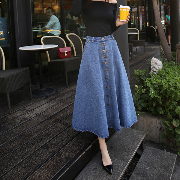 2019 new fashion summer autumn Korean plus size maxi skirt elegant high waist pleated long women denim skirts