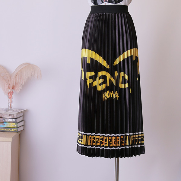 Skirt Female 2019 Summer Dress And Long Sections High Waist Small Black Dress Letter Print Pleated Skirt Summer