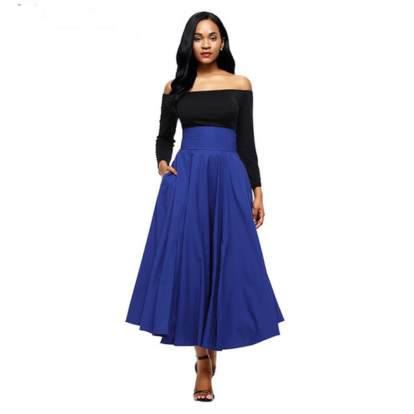 New Autumn Winter Women Gray Retro High Waist Pleated Belted Maxi Skirt Side slit belt pocket skirt retro skirt