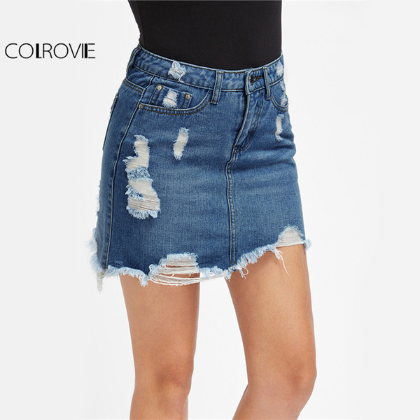 COLROVIE Distressed Pencil Skirt Blue Denim Women Sexy Casual Mini Summer Skirts 2017 Fashion New Ripped Pockets Bodycon Skirt